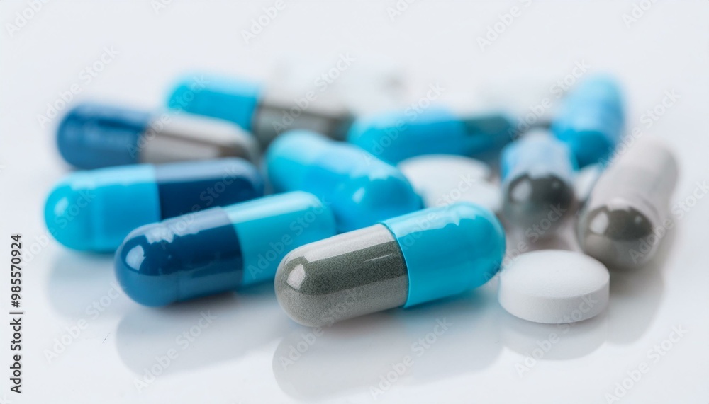 Isolated on white ,Selective focus on capsules and pills.Antibiotics drug resistance. Isolated on white ,Selective focus on capsules and pills.Antibiotics drug resistance.