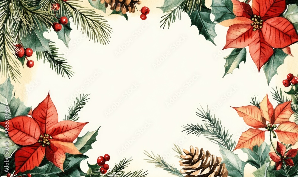 Fototapeta premium A white background with red poinsettias and pine needles