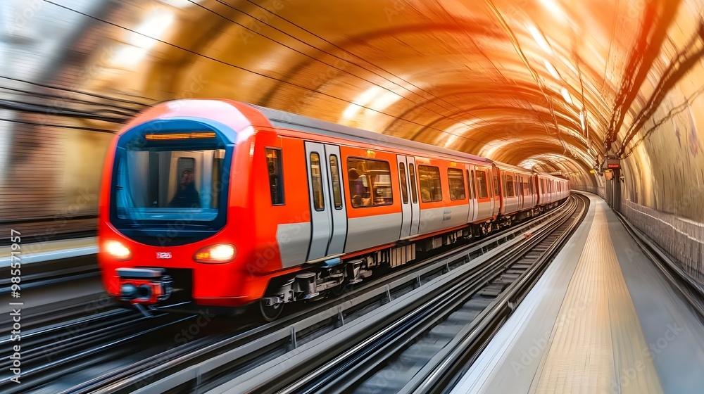 Fototapeta premium A vibrant metro train traveling through a modern underground tunnel, showcasing motion and urban transport dynamics.