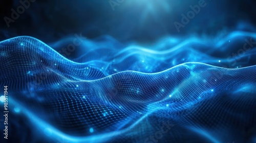 Abstract blue tech background with digital waves, dynamic network system, artificial neural connections, cyber quantum computing and electronic global intelligence photo