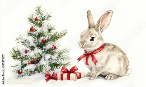 The rabbit is holding a red present in its mouth