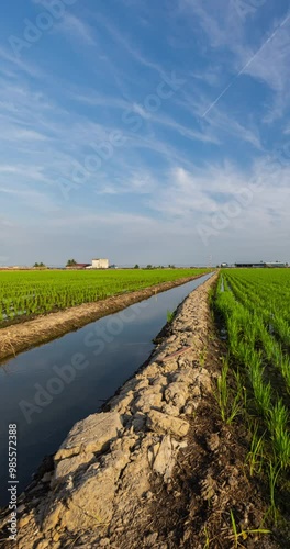 Morning sun over a green rice paddy field. Vertical 4k tracking time lapse beside the water supply canal. White veil clouds moving in blue sky. Agriculture field. Mirroring of the heaven in the water