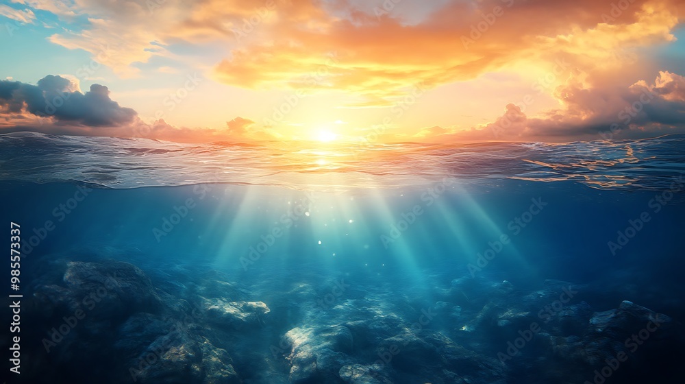 Deep water shallow view with sun and clouds in horizon, clear water background fantasy design Deep water shallow view with sun and clouds in horizon, clear water background fantasy design