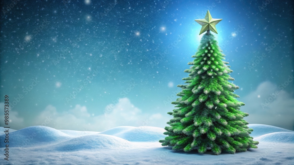 Green Christmas tree with a star on top surrounded by snow with copy space Green Christmas tree with a star on top surrounded by snow with copy space