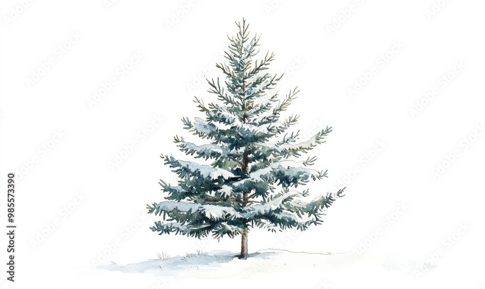 A snow covered pine tree is the main focus of the image A snow covered pine tree is the main focus of the image