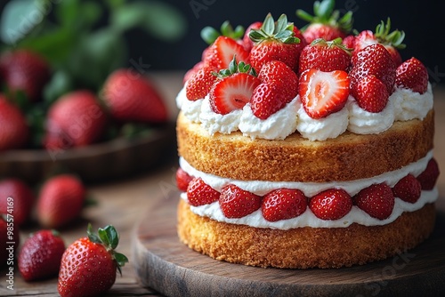 Delectable Strawberry Shortcake with Fresh Berries and Cream Served on a Rustic Wooden Table