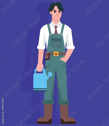 Gardener man with watering can in hand, wearing green and white clothes, and brown boots