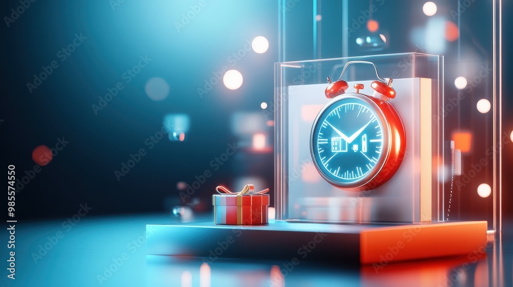 Fototapeta premium Dynamic Cyber Monday banner with a countdown timer and rotating images of on-sale gadgets and tech.