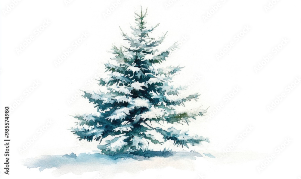 A snow covered pine tree is the main focus of this image A snow covered pine tree is the main focus of this image