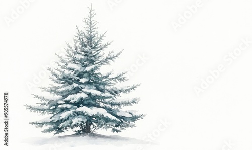 A snow covered pine tree stands alone in a white background