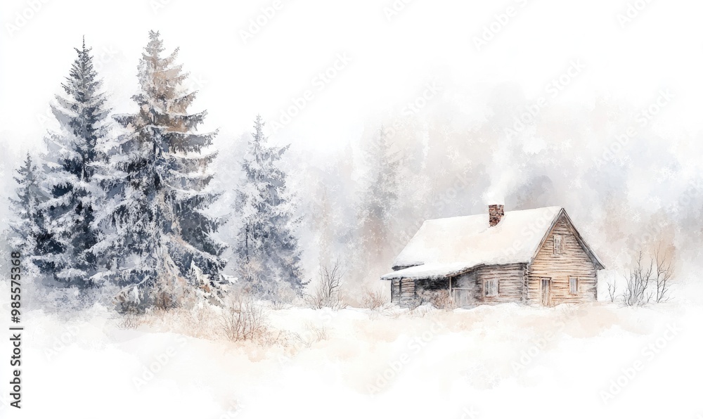 A cabin is in the woods with snow on the ground A cabin is in the woods with snow on the ground
