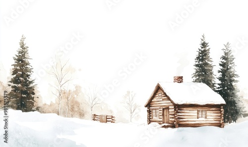 A cabin is in the woods with a snow covered hill in the background
