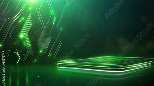 Dynamic green sci-fi backdrop with geometric shapes and neon effects, perfect for a modern and technologically advanced theme photo