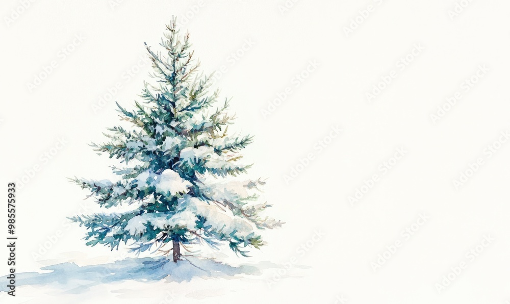 A snow covered pine tree stands alone in a white background A snow covered pine tree stands alone in a white background