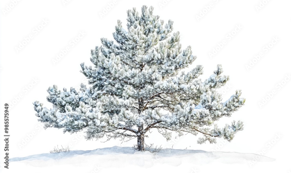 A large white pine tree is standing in the snow A large white pine tree is standing in the snow