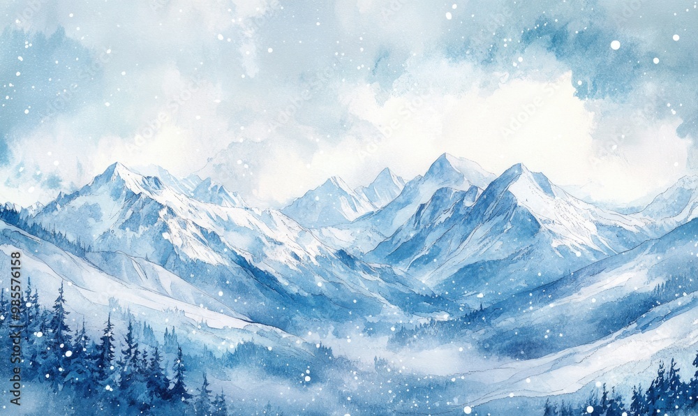 Obraz premium A painting of a snowy mountain range with a blue sky