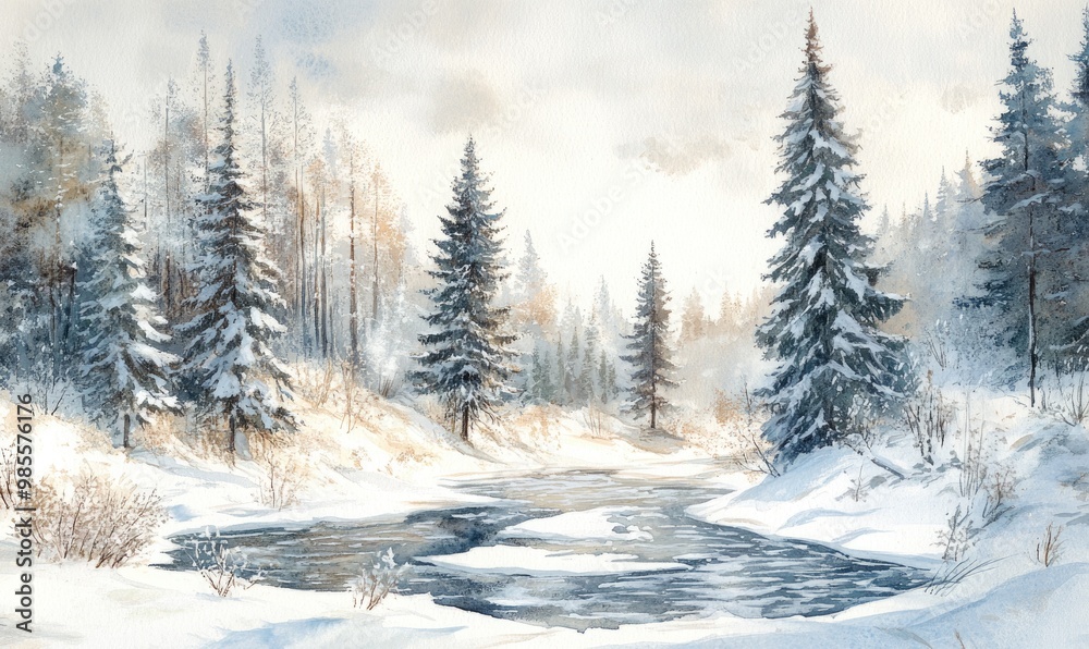 A painting of a snowy landscape with a river and trees A painting of a snowy landscape with a river and trees