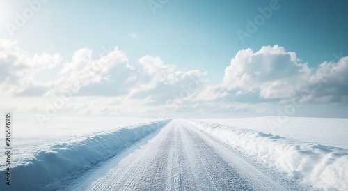  A snow-covered road in the middle of an endless white field, with a blue sky and clouds on the horizon.