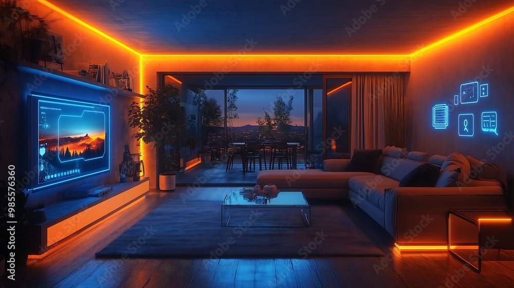 Smart home interior living room design with panoramic windows and floating blue light panels around the house, usage of technology in slight light blue theme modern house Smart home interior living room design with panoramic windows and floating blue light panels around the house, usage of technology in slight light blue theme modern house