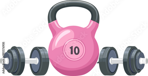 Pink 10 pound Kettlebell & Barbell; exercise & fitness concept for sports, athletes and lifestyle