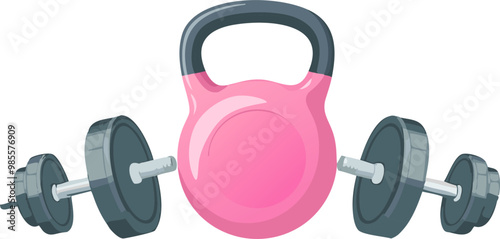 Pink Kettlebell & Barbell; exercise & fitness concept for sports, athletes and lifestyle