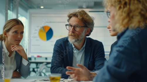 A group of business professionals engaged in a brainstorming session in a modern conference room