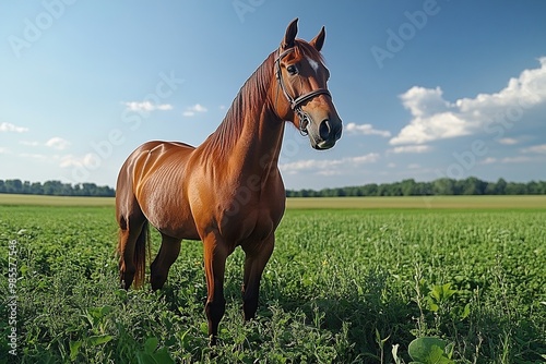 Strong Muscular Plow Horse Standing Proudly in a Lush Green Field Under a Bright Blue Sky