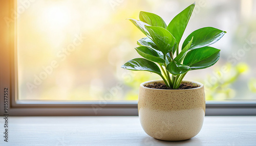 A vibrant green indoor plant is being watered in ceramic pot, bringing life and freshness to space. sunlight enhances plants lush leaves, creating serene atmosphere