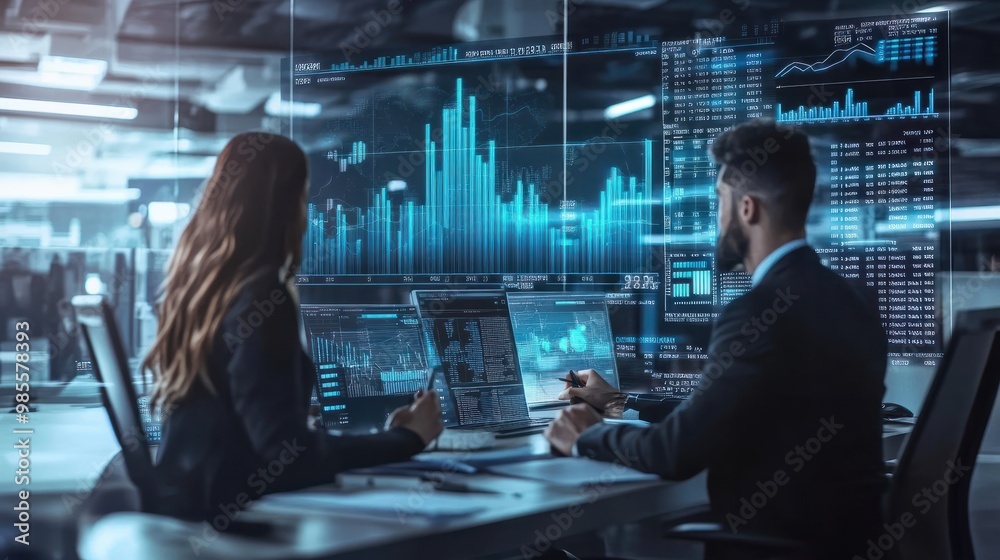 business people working in office, looking to different charts with growing revenue in the future business people working in office, looking to different charts with growing revenue in the future