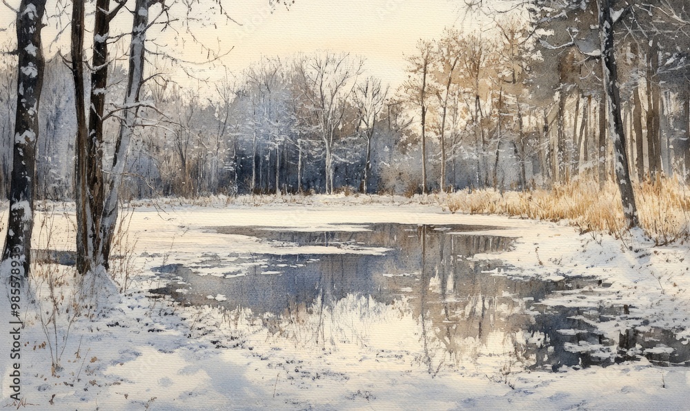 A painting of a snowy landscape with a frozen lake in the foreground A painting of a snowy landscape with a frozen lake in the foreground
