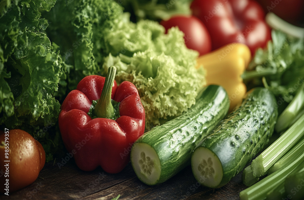 variety of crisp vegetables, such as cucumbers, bell peppers, and celery arranged in a rustic setting variety of crisp vegetables, such as cucumbers, bell peppers, and celery arranged in a rustic setting