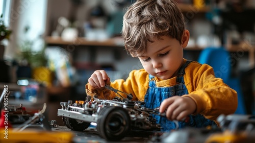 A child playing the role of a mechanical engineer, fixing a toy car engine with tiny tools,