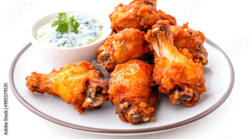 Plate of crispy chicken wings with a side of blue cheese dip water color, isolated on white background