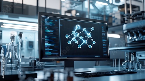 A 3D model of a chemical bond rotates on a computer screen, with lab equipment visible in the background.