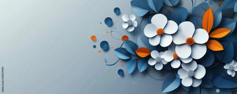 Pixel-style three-dimensional floral design with blue and orange leaves on a light background Pixel-style three-dimensional floral design with blue and orange leaves on a light background