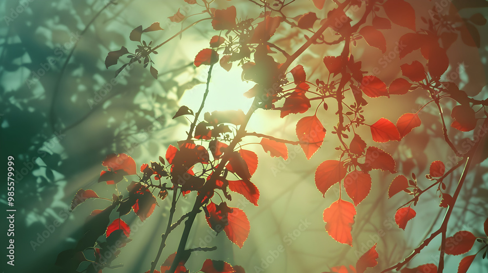 Sunlit red leaves with soft shadows and light beams
Sunlit red leaves with soft shadows and light beams