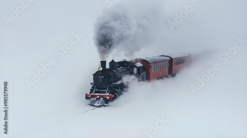 A vintage steam train traveling through a snowy landscape, creating a dramatic scene with billowing smoke and winter beauty. photo