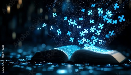 A mystical book releasing glowing puzzle pieces, symbolizing knowledge and imagination in a captivating, dark environment.