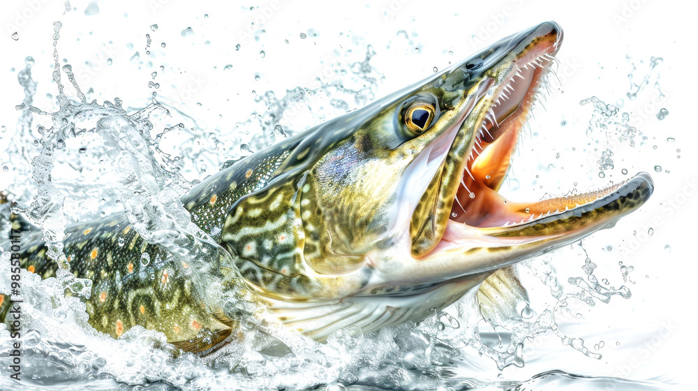 A pike fish bursts from the water with an open mouth, sending splashes everywhere, embodying the wild energy of nature in a freshwater setting A pike fish bursts from the water with an open mouth, sending splashes everywhere, embodying the wild energy of nature in a freshwater setting
