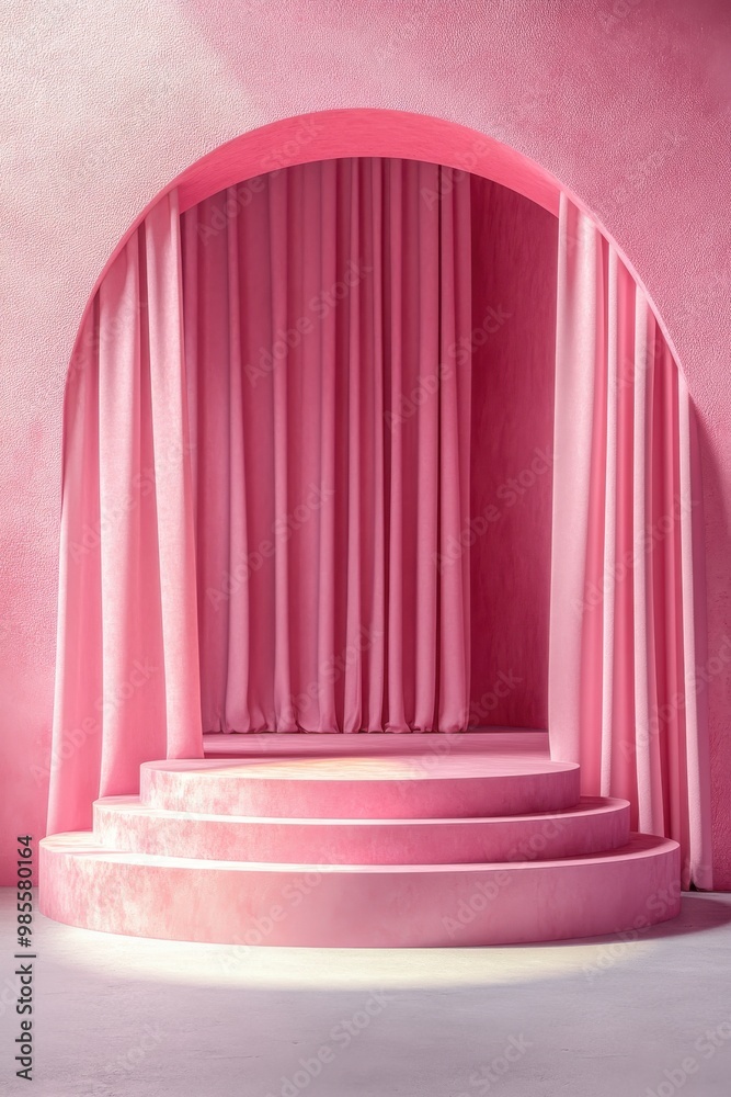 Elegant pink podium with flowing curtains set against a velvety pink textured wall under soft lighting and an arched design