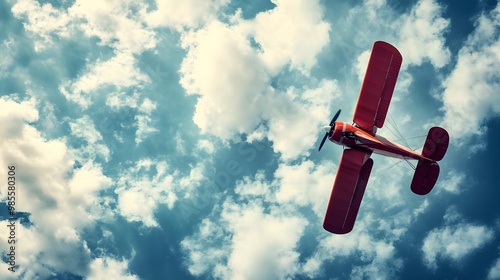 A vivid red airplane soaring through a bright blue sky filled with fluffy clouds, capturing the essence of freedom and adventure. photo