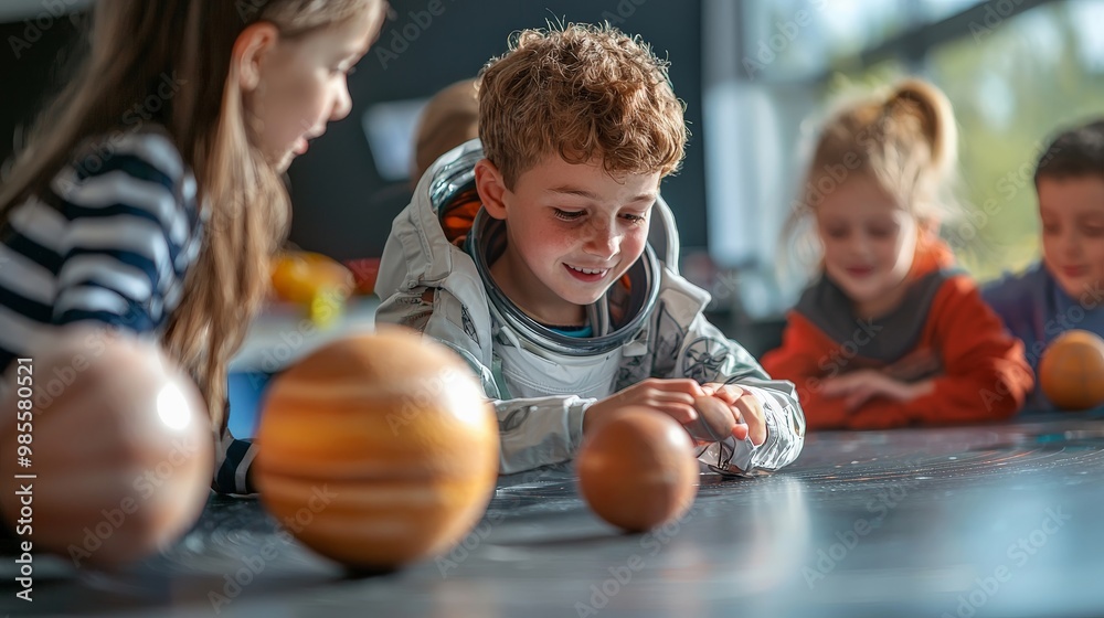 Fototapeta premium A child playing the role of a space tour guide, leading other children on a pretend journey through the solar system,