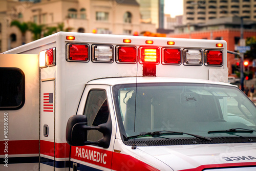Close up of an ambulance with lights activates in an urban environment