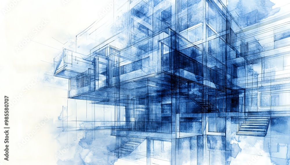 Abstract architectural design in blue tones featuring geometric shapes and transparent structures, ideal for modern settings. Abstract architectural design in blue tones featuring geometric shapes and transparent structures, ideal for modern settings.