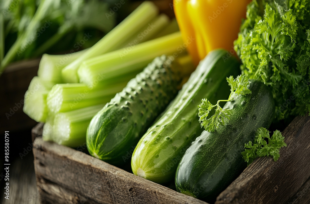 variety of crisp vegetables, such as cucumbers, bell peppers, and celery arranged in a rustic setting variety of crisp vegetables, such as cucumbers, bell peppers, and celery arranged in a rustic setting