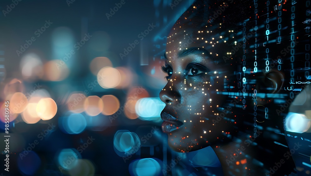 A digital art portrait of an African American woman, her face illuminated by the glow from computer code and data streams, with a dark blue background, blurred city lights in soft focus behind her. A digital art portrait of an African American woman, her face illuminated by the glow from computer code and data streams, with a dark blue background, blurred city lights in soft focus behind her.
