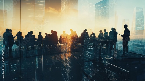 Double exposure image of many business people conference group meeting on city office building in background showing partnership success of business deal. Concept of teamwork