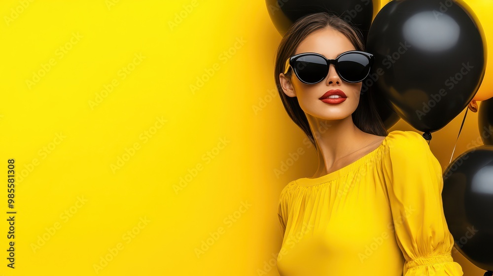 Fashionable woman in yellow with black balloons against a yellow background. Perfect for fashion editorials, promotions, and modern lifestyle concepts like black friday Fashionable woman in yellow with black balloons against a yellow background. Perfect for fashion editorials, promotions, and modern lifestyle concepts like black friday