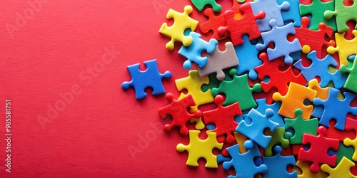 Colorful plastic jigsaw puzzle on red paper with one piece missing, copy space available