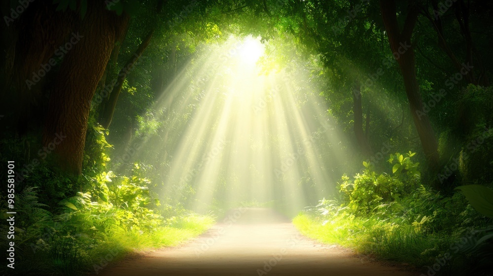 Enchanting green forest path with sunlight streaming through the trees, providing a captivating and tranquil backdrop Enchanting green forest path with sunlight streaming through the trees, providing a captivating and tranquil backdrop